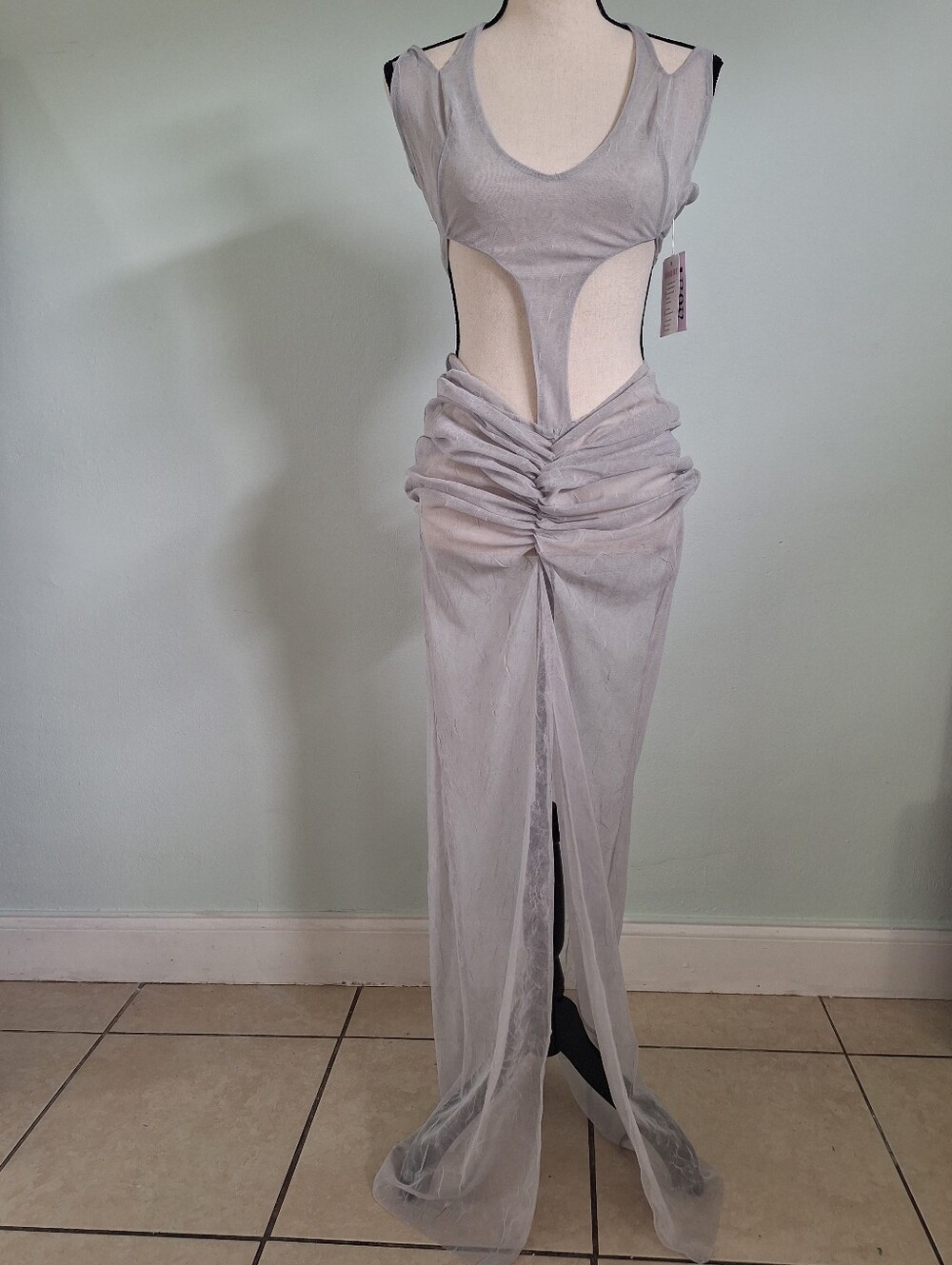 NWT A.R8D A.Rated Cutout Ruched Crunched Mesh Maxi Dress in Light Gray M